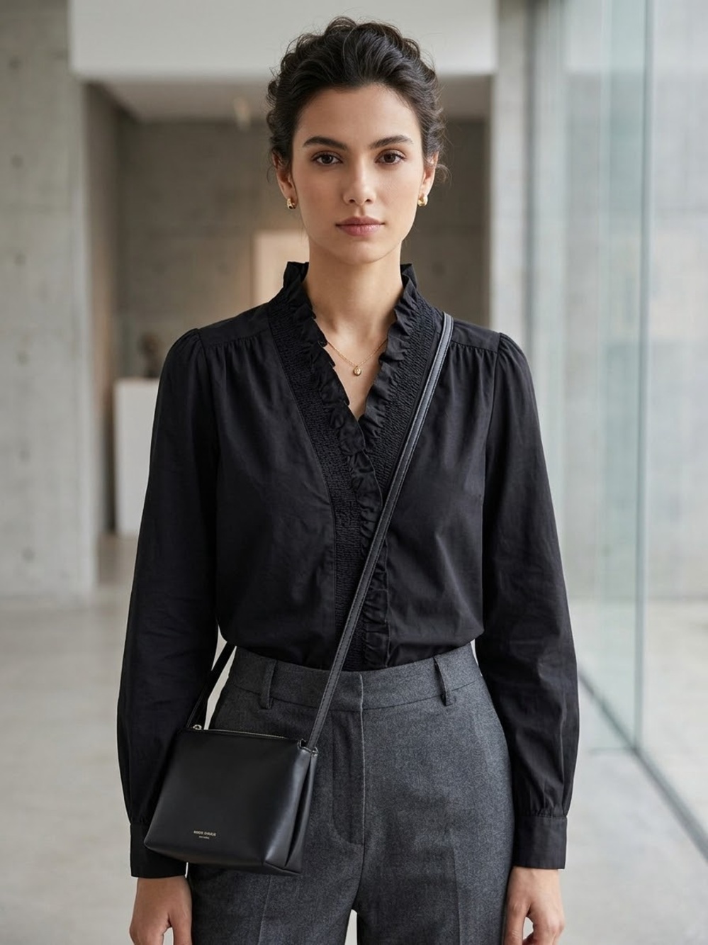 &merci Black Ruffled V-Neck Button-Down Blouse